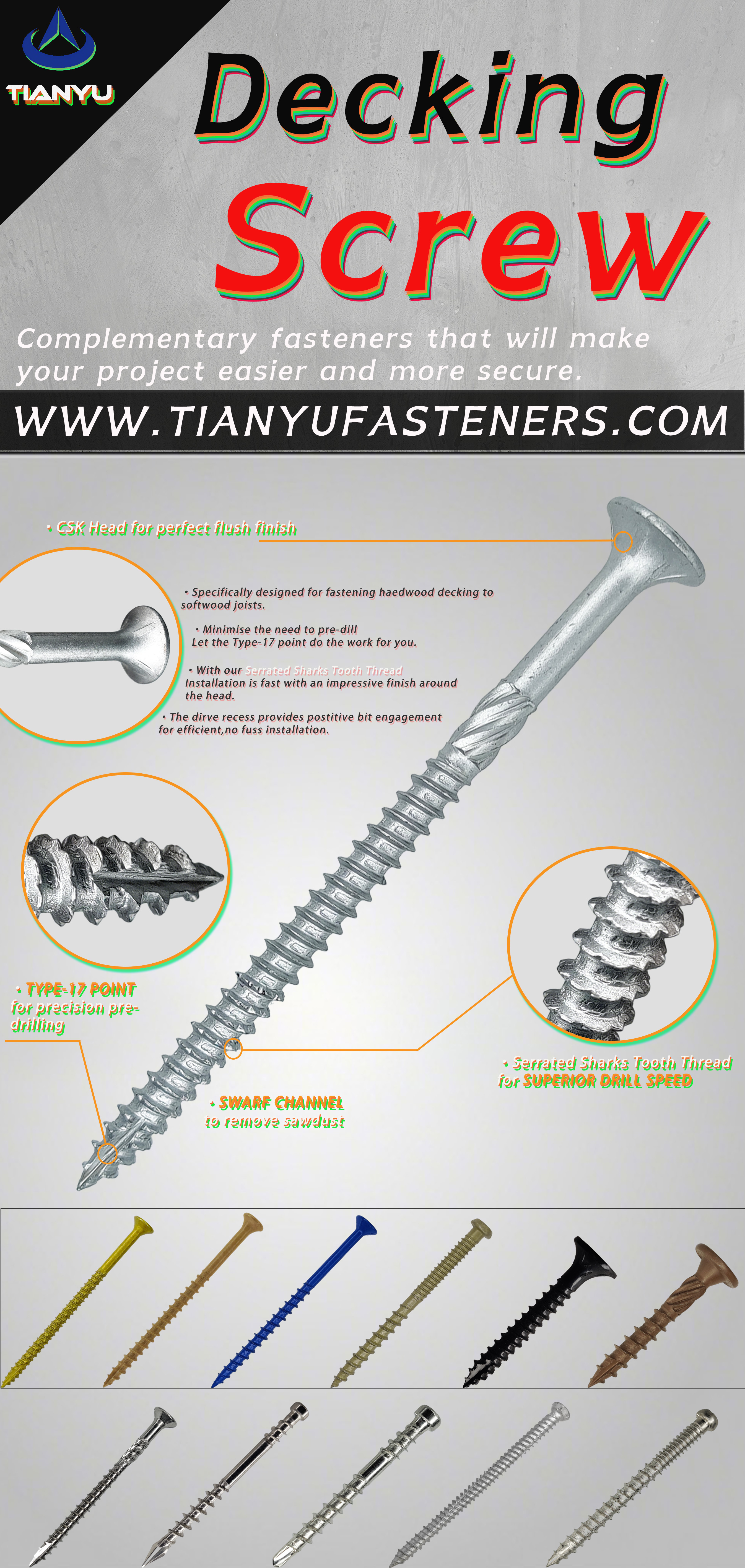Tianyu Stainless Steel Timber Screw Square Countersunk Head Type 17 Thread For Decking And Outdoor Wood Construction