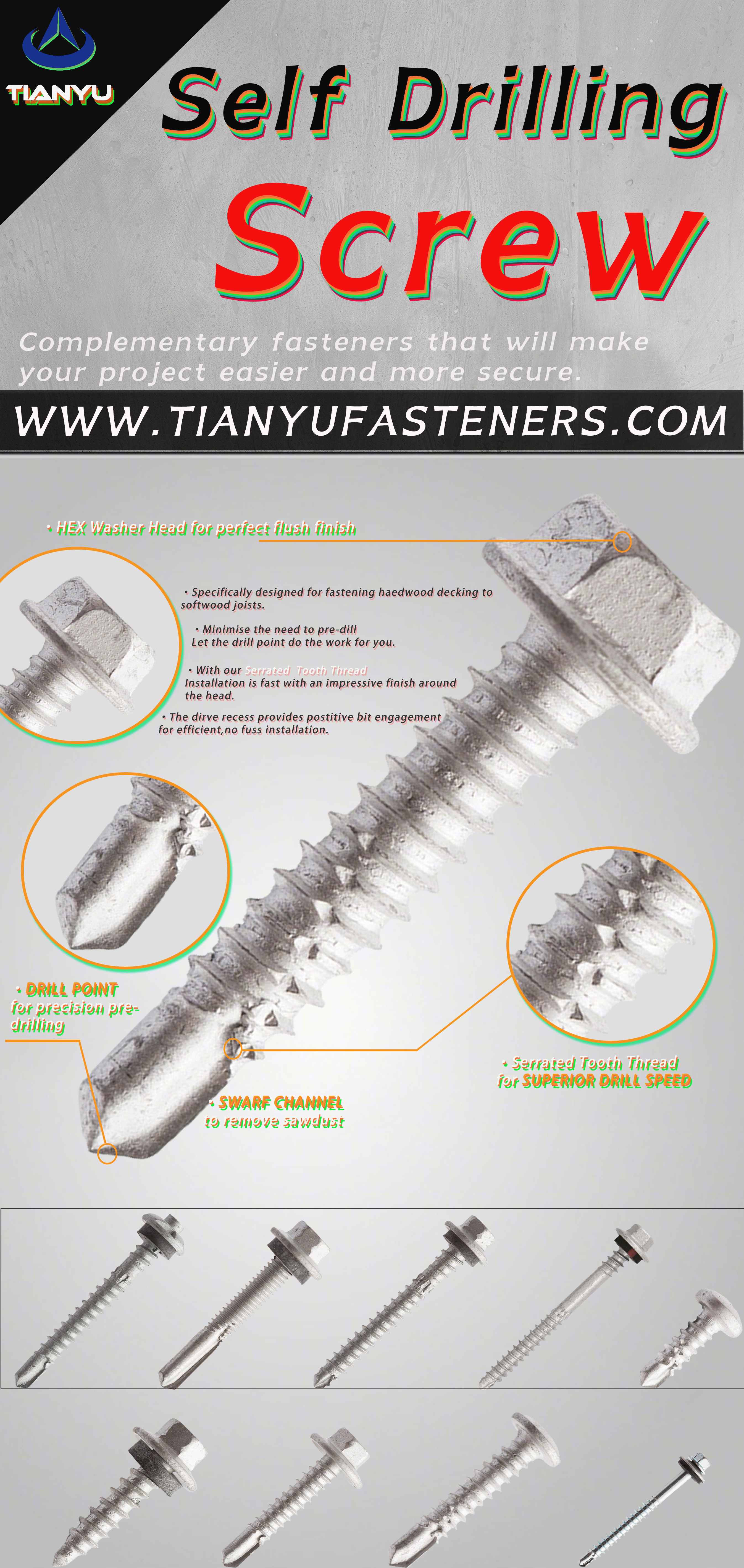 Tianyu Hex Head Sharp Point High Low Thread Screw 1000 Hours Salt Spray Ruspert Coating Wood Deck Fastener