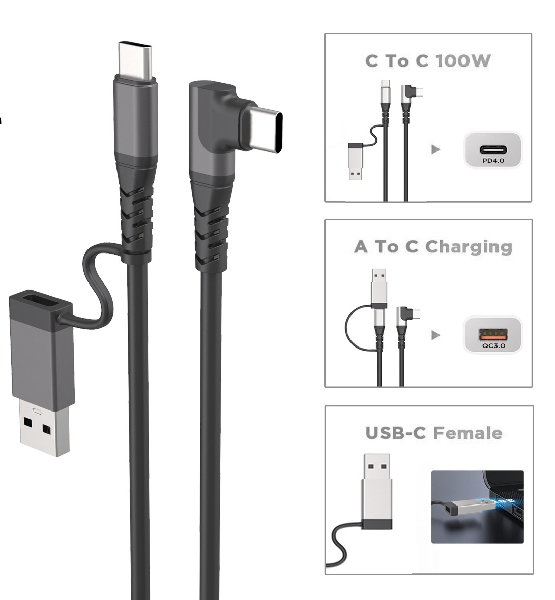 Right-angled USB-C to USB-C PD 100W Fast Charge Cable with USB-A Adapter