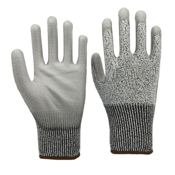 13G Grey Hppe/polyester/spandex knitted liner with grey PU palm coating