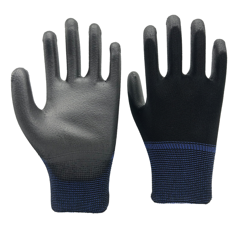 13G Black carbon/nylon knitted liner with black PU palm coating