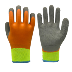 13G Hi-Vis green nylon/10G grey acrylic terry fleeced liner with orange smooth latex full coverage coating plus grey latex foam palm coating, fully thumb dipped