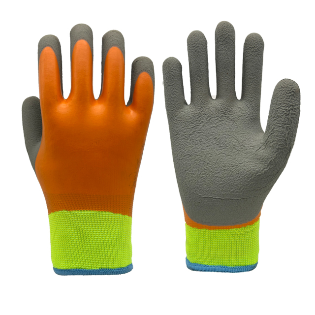 13G Hi-Vis green nylon/10G grey acrylic terry fleeced liner with orange smooth latex full coverage coating plus grey latex foam palm coating, fully thumb dipped