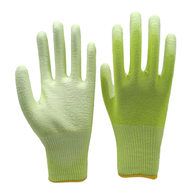 13G Hi-Vis HPPE/glass fiber/steel/polyester knitted liner with white PU palm coating