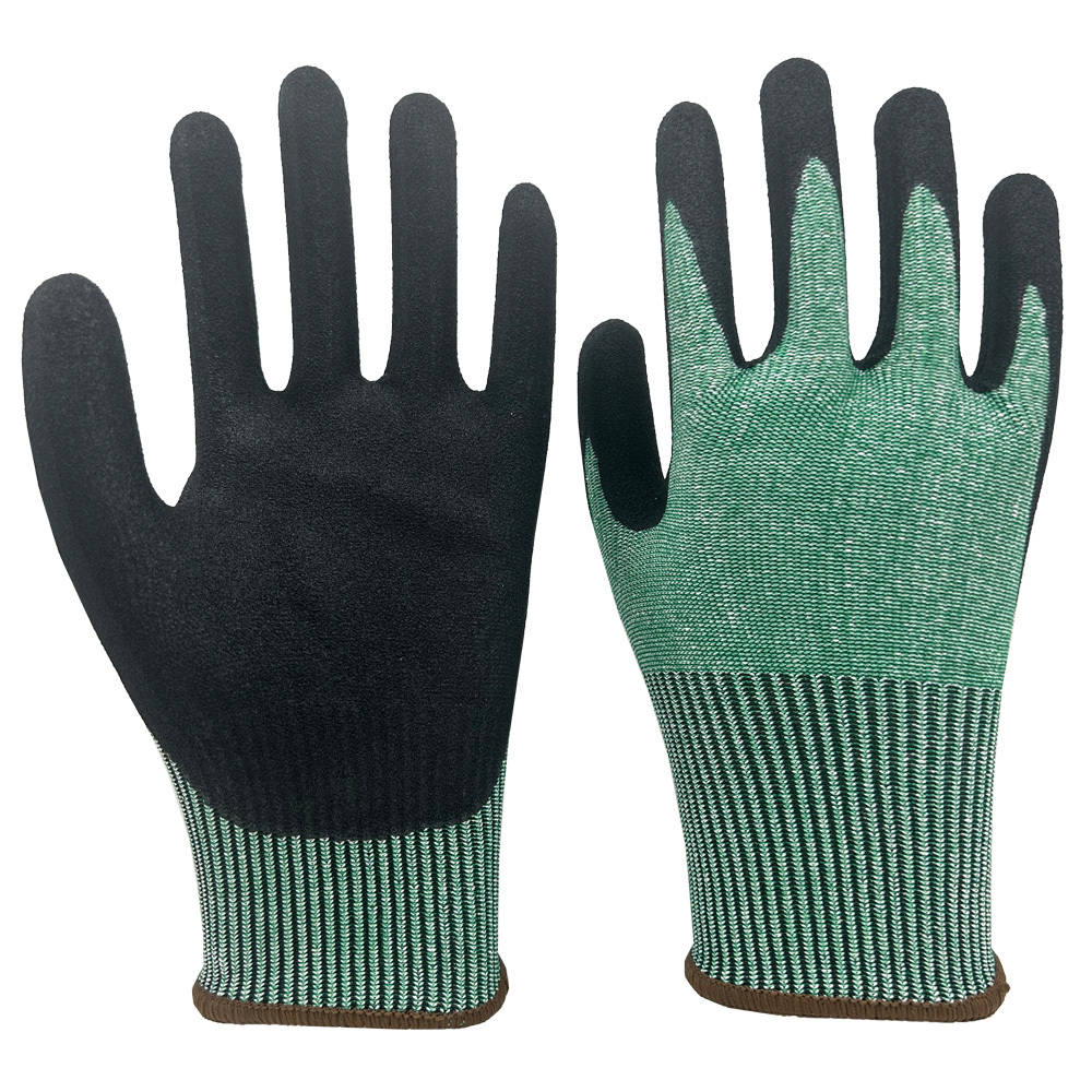 13G Green HPPE/glass fiber/polyester liner with black foam sandy nitrile palm coating