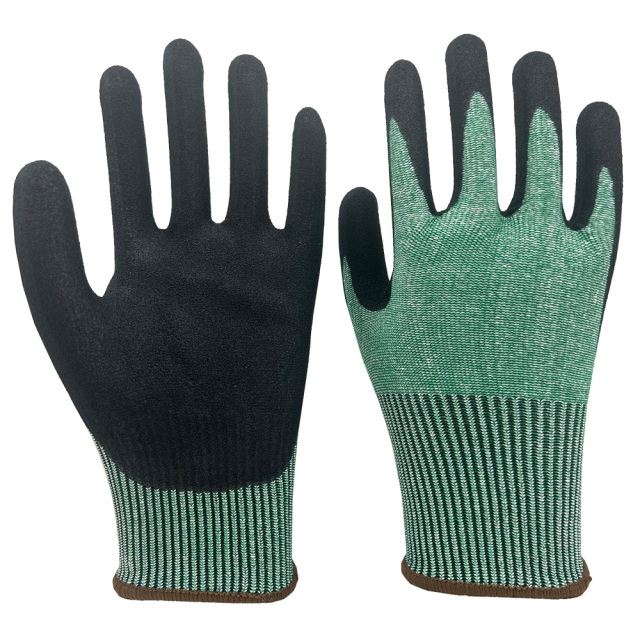 13G Green HPPE/glass fiber/polyester liner with black foam sandy nitrile palm coating