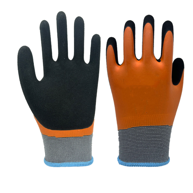13G grey nylon/10G black acrylic terry fleeced liner with orange smooth nitrile full coverage coating plus black sandy foam nitrile palm coating