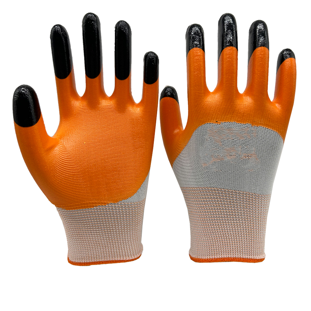 13G White polyester liner with 3/4 coverage nitrile smooth coating ,Finger reinforcement