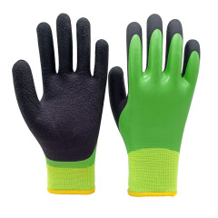 13G Hi-Vis green nylon/10G grey acrylic terry fleeced liner with green smooth latex full coverage coating plus black latex foam palm coating, fully thumb dipped