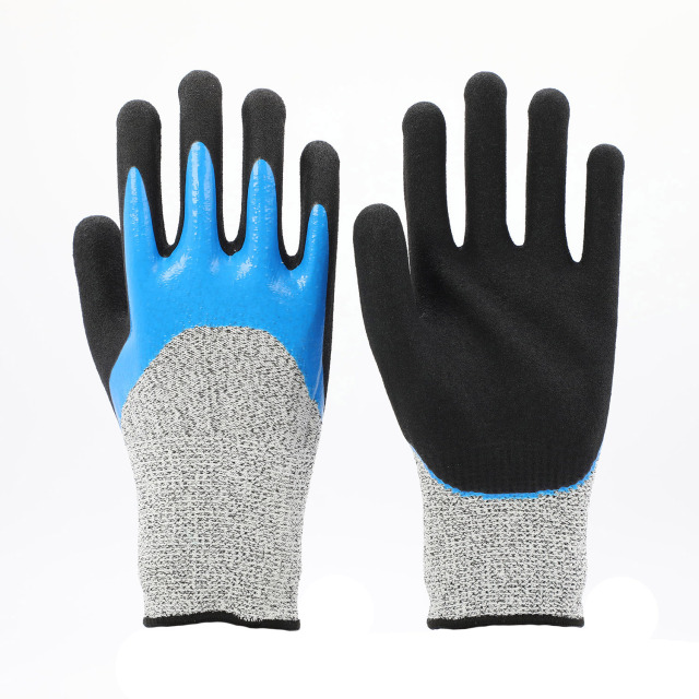 13G HPPE/steel/glass fiber/polyester liner with 3/4 coverage smooth nitrile plus black sandy foam nitrile palm coating