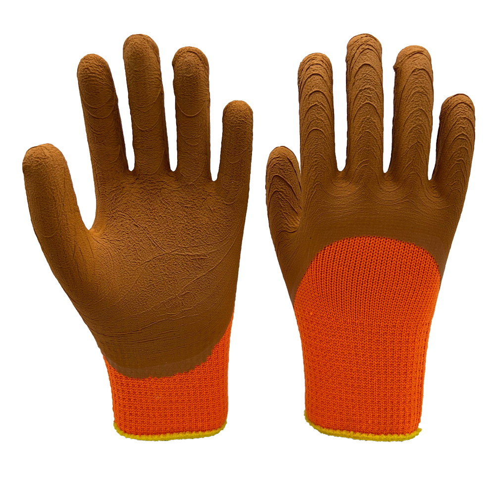 7G Orange acrylic terry fleeced liner with 3/4 coverage brown foam latex palm coating