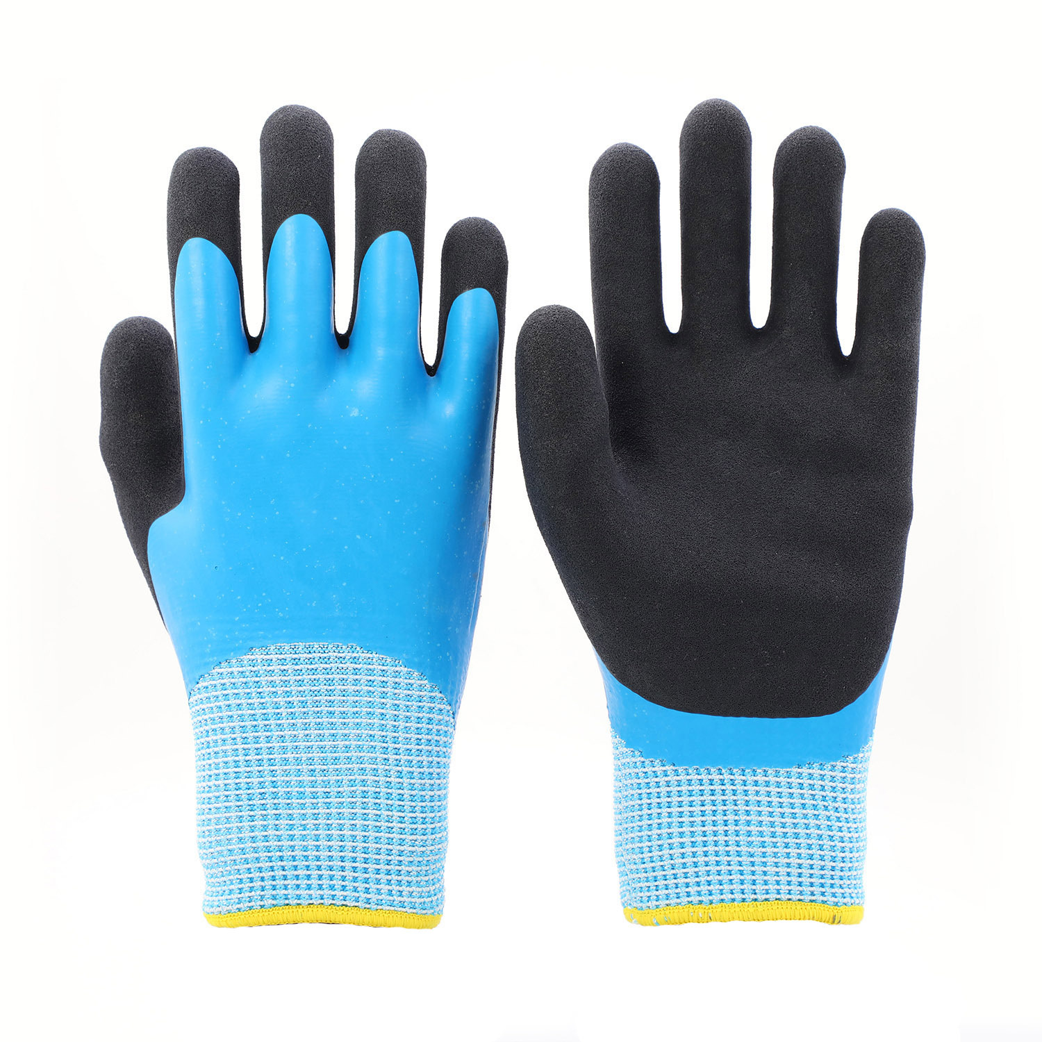 13G blue nylon/10G grey acrylic terry fleeced liner with blue smooth latex full coverage coating plus black sandy foam latex palm coating