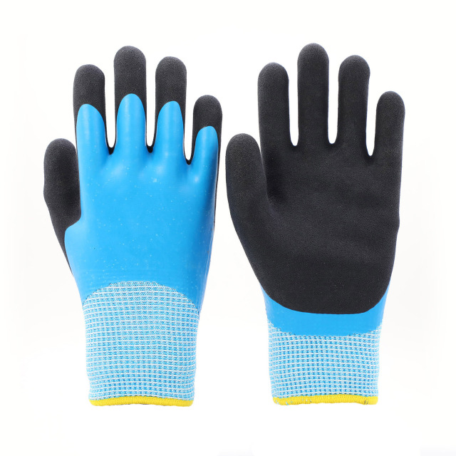 13G blue nylon/10G grey acrylic terry fleeced liner with blue smooth latex full coverage coating plus black sandy foam latex palm coating