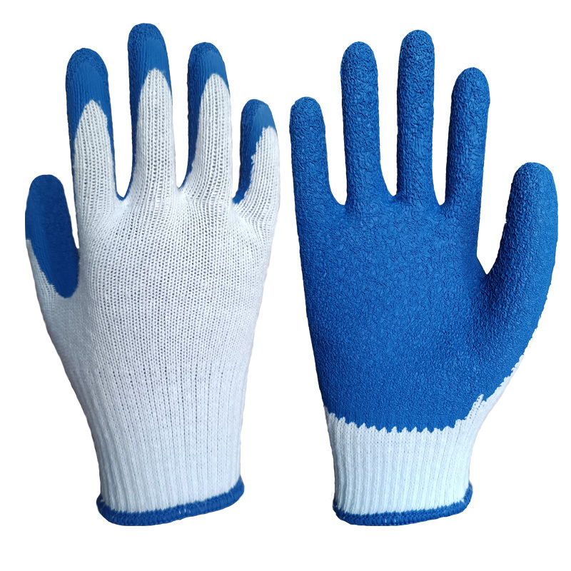 10G 2 Thread yarn Bleach white polycotton liner with blue crinkled latex palm coated