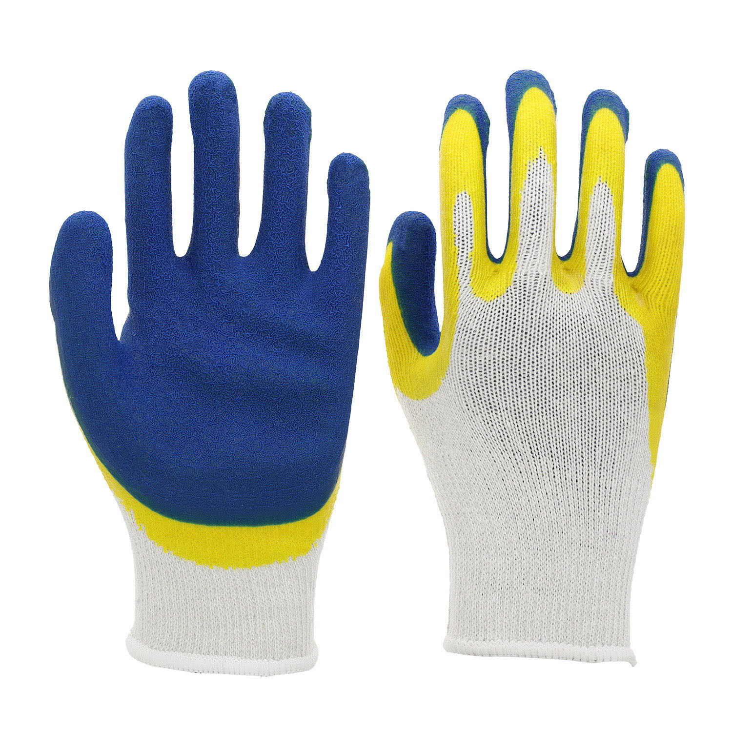 10G white polycotton with yellow smooth latex palm coating plus blue smooth latex palm coating