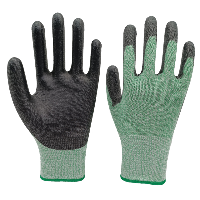 13G Green HPPE/steel/polyester liner with black PU palm coating