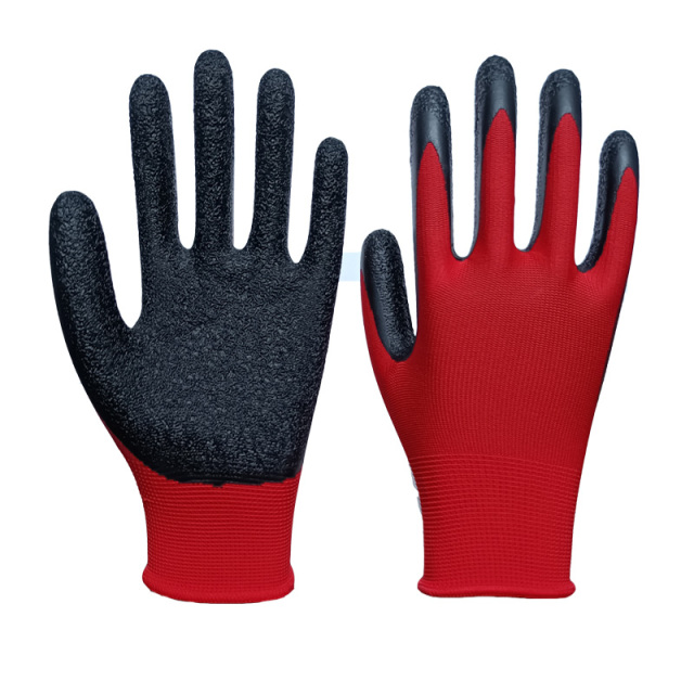 13G red polyester liner with black crinkled latex palm dipped