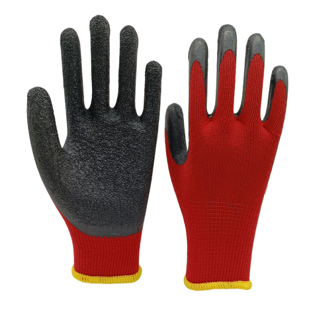 10G 5 Thread 21S yarn red polycotton liner with black crinkled latex palm coated