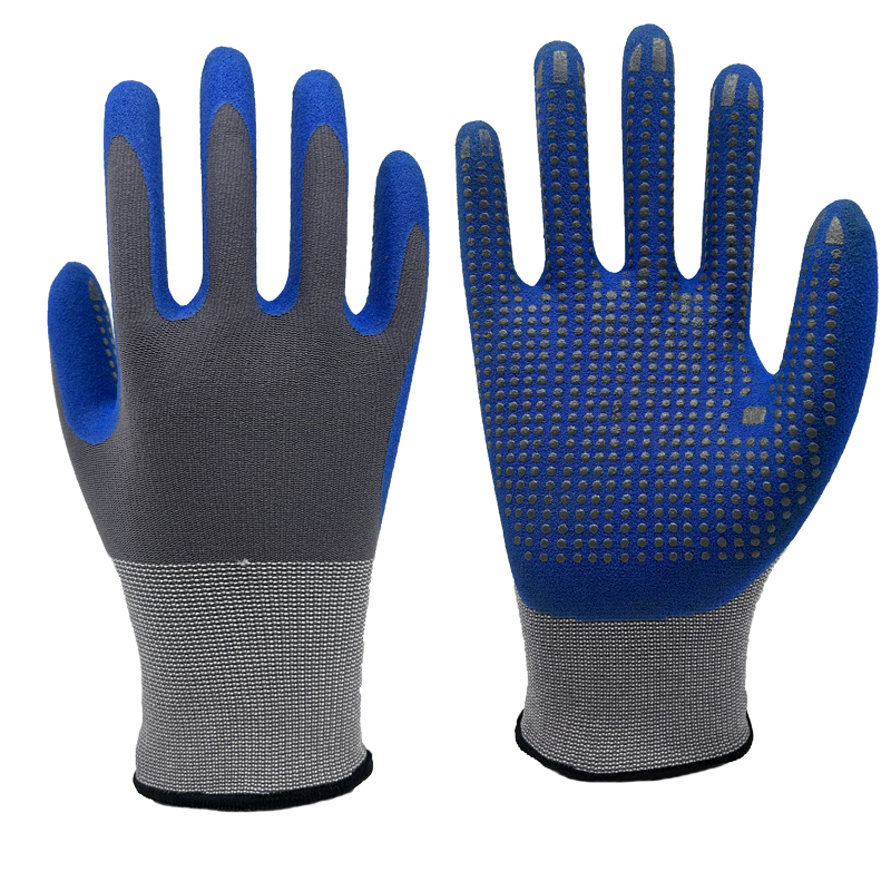 15G Grey Spandex+Nylon Liner With Blue Sandy Nitrile Palm Coating,Dots On Palm
