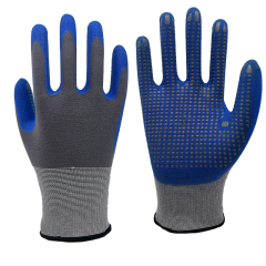 15G Grey Spandex+Nylon Liner With Blue Sandy Nitrile Palm Coating,Dots On Palm