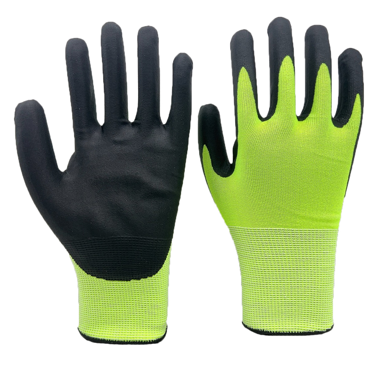 15G Hi-vis HPPE/steel/polyester liner with black micro foam palm coating