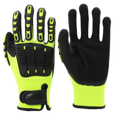 13G HPPE/glass fiber/spandex liner with black sandy nitrile palm dipped, TPR impact on back,sewing EVA on palm,sewing leather on the thumb crotch, velcro on the knitting wrist