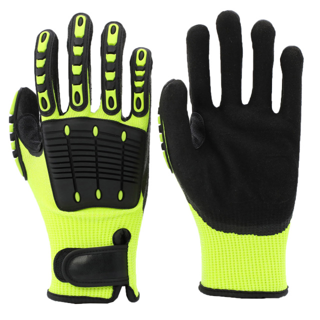 13G HPPE/glass fiber/spandex liner with black sandy nitrile palm dipped, TPR impact on back,sewing EVA on palm,sewing leather on the thumb crotch, velcro on the knitting wrist