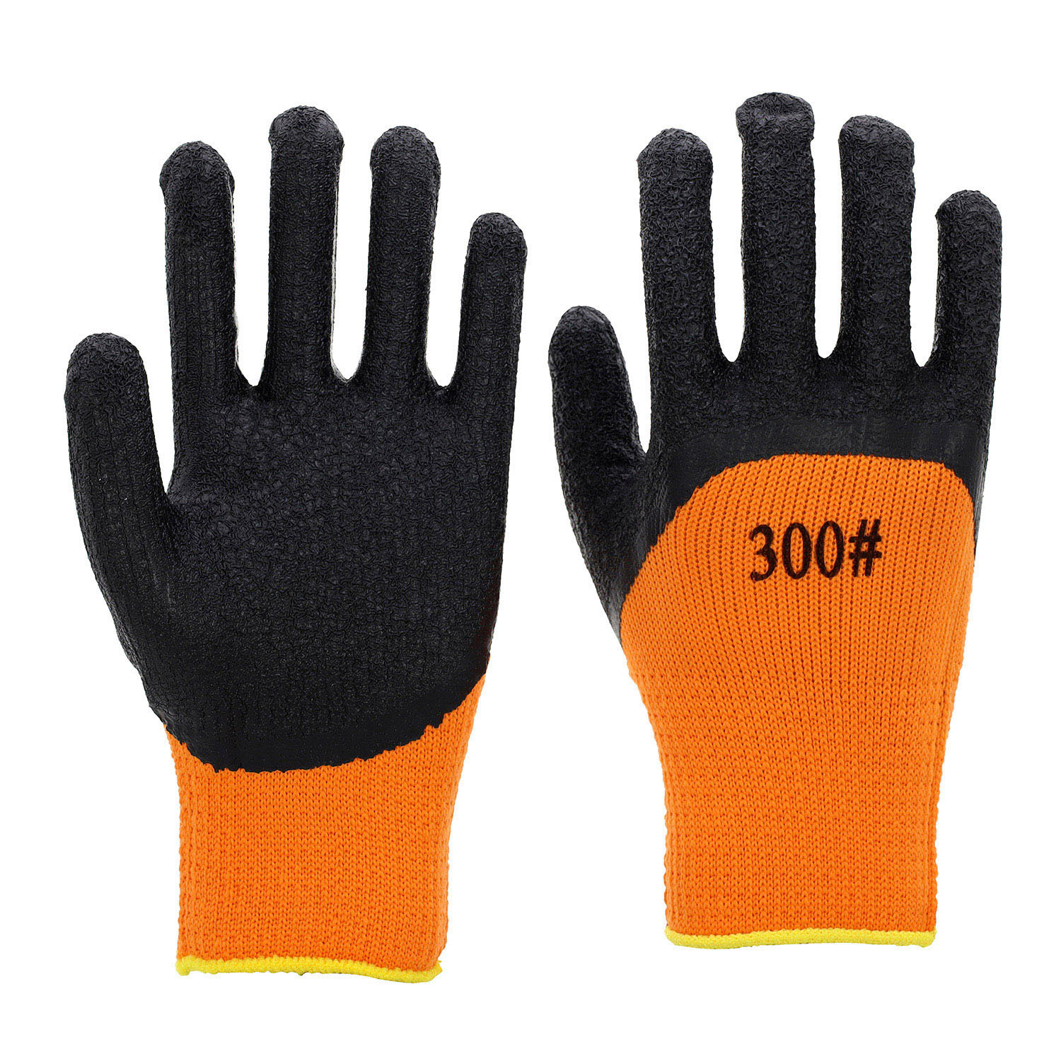 10G orange acrylic terry fleeced liner with 3/4 coverage black wrinkle latex palm coating