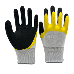 13G white polyester with yellow smooth latex 3/4 coverage coating plus black foam latex palm coating, fully thumb dipped