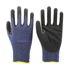 15G Blue HPPE/glass fiber/spandex liner with black micro foam nitrile palm dipped, reinforcement in the thumb crotch