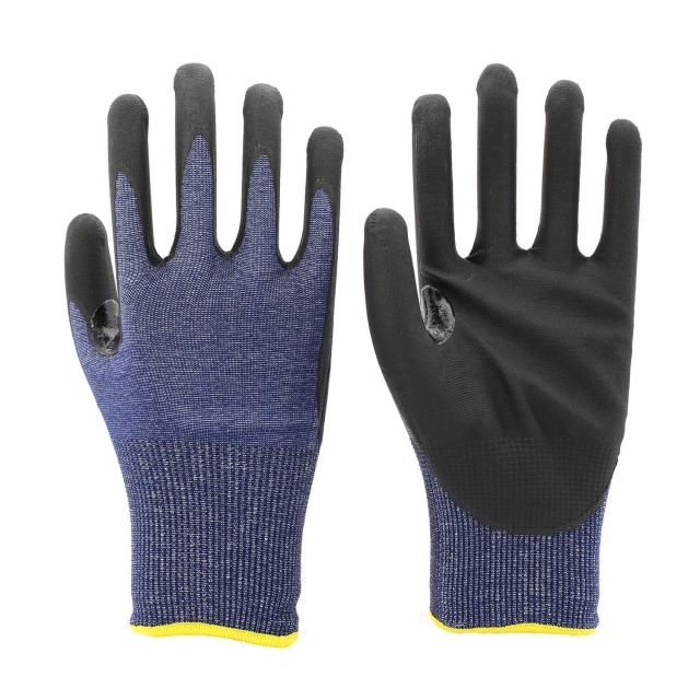 15G Blue HPPE/glass fiber/spandex liner with black micro foam nitrile palm dipped, reinforcement in the thumb crotch