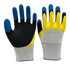 13G white polyester with yellow smooth latex 3/4 coverage coating plus black foam latex palm coating, fully thumb dipped,Finger reinforcement