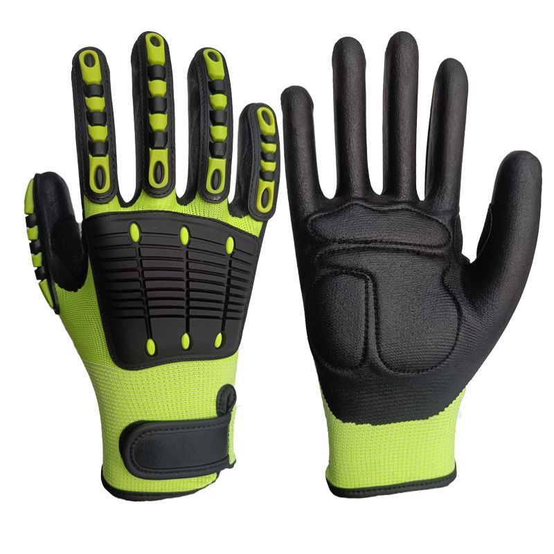 13G HPPE/glass fiber/spandex liner with black micro foam nitrile palm dipped, TPR impact on back,sewing EVA on palm,sewing leather on the thumb crotch, velcro on the knitting wrist