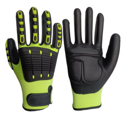 13G HPPE/glass fiber/spandex liner with black micro foam nitrile palm dipped, TPR impact on back,sewing EVA on palm,sewing leather on the thumb crotch, velcro on the knitting wrist