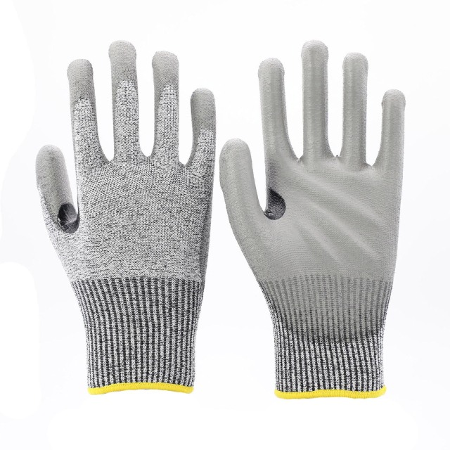 13G Grey HPPE/steel/polyester liner with grey PU palm coating,reinforcement in the thumb crotch