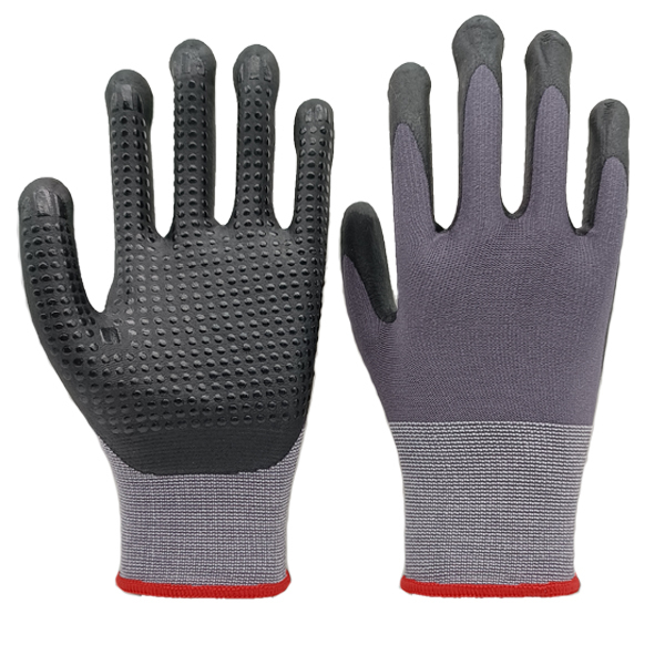 15G Grey Spandex+Nylon Liner With Black Micro-Foam Nitrile Palm Coating,Dots On Palm