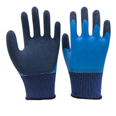 13G blue polyester with blue smooth latex fully coverage coating plus black foam latex palm coating, fully thumb dipped
