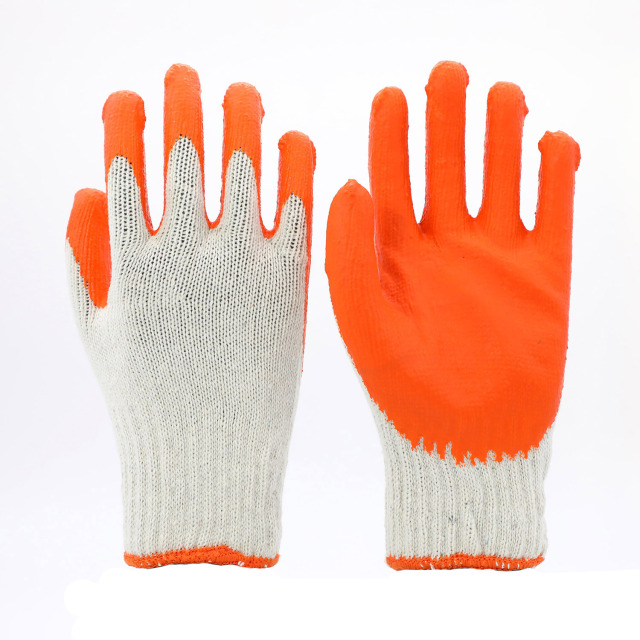 10G 2 Thread yarn bleach white polycotton liner with orange smooth latex palm coated