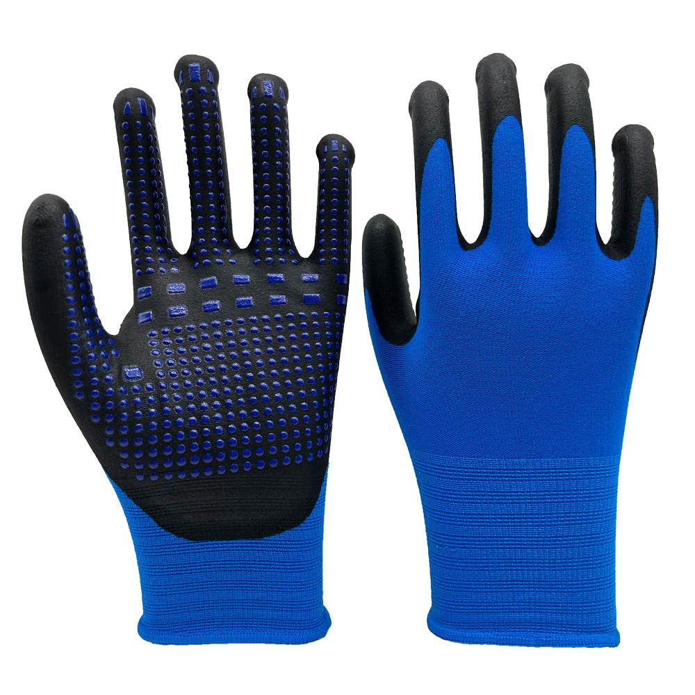 15G Blue Spandex+Nylon Liner With Micro-Foam Nitrile Palm Coating,Blue Dots On Palm