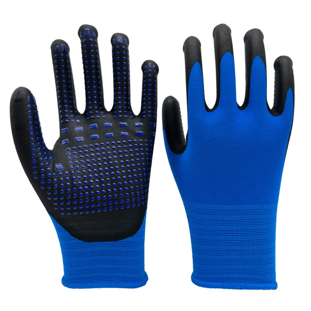 15G Blue Spandex+Nylon Liner With Micro-Foam Nitrile Palm Coating,Blue Dots On Palm