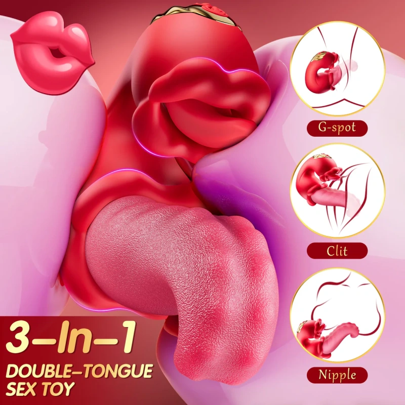 Dual-tongue vibrator G-spot and licking for clitoral orgasm with vibration