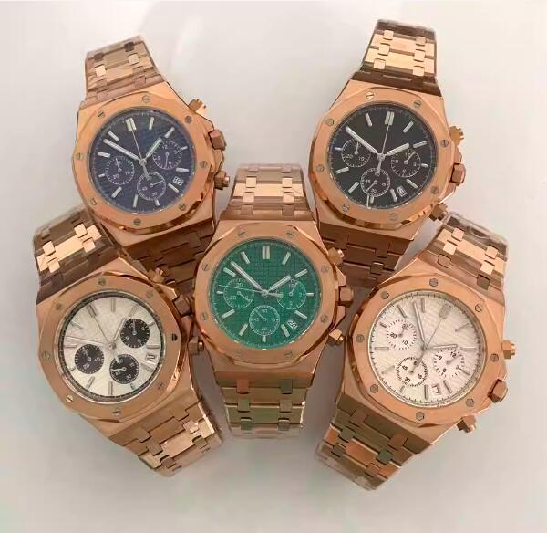 Rose gold octagonal quartz men's chronograph 41mm stainless steel watch set with Japanese vk63 movement