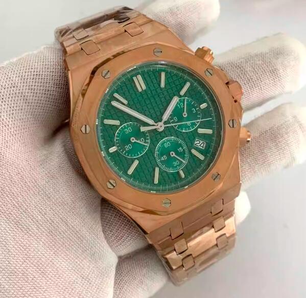 Rose gold octagonal quartz men's chronograph 41mm stainless steel watch set with Japanese vk63 movement