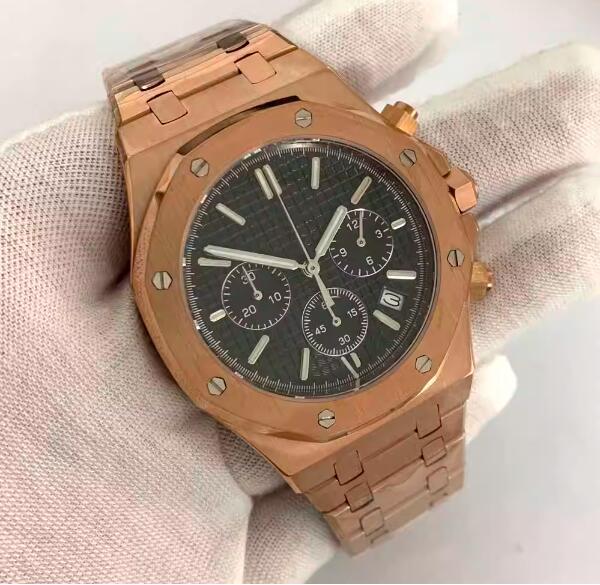Rose gold octagonal quartz men's chronograph 41mm stainless steel watch set with Japanese vk63 movement