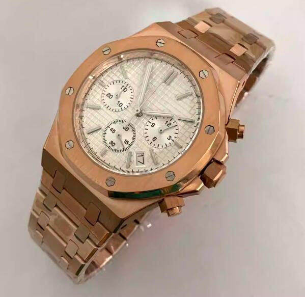 Rose gold octagonal quartz men's chronograph 41mm stainless steel watch set with Japanese vk63 movement