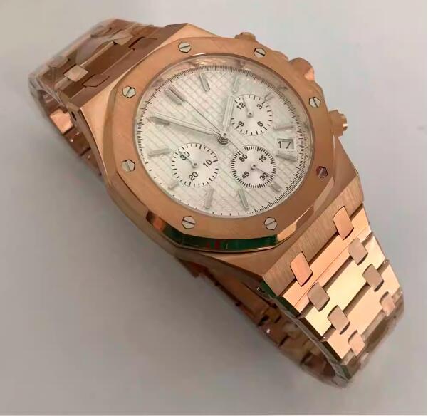 Rose gold octagonal quartz men's chronograph 41mm stainless steel watch set with Japanese vk63 movement