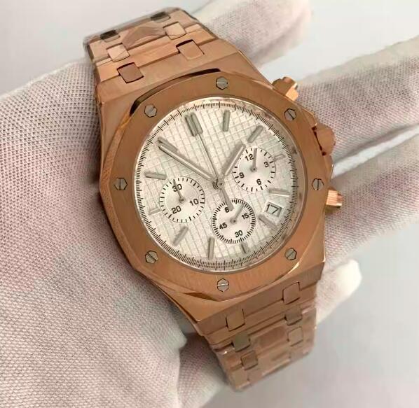 Rose gold octagonal quartz men's chronograph 41mm stainless steel watch set with Japanese vk63 movement
