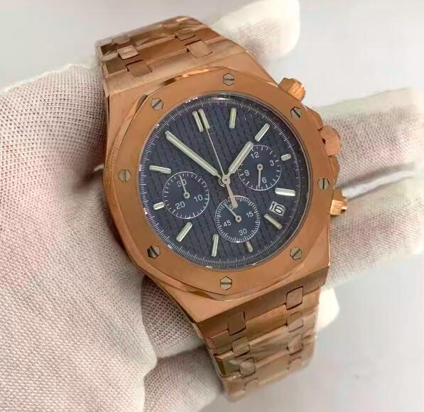 Rose gold octagonal quartz men's chronograph 41mm stainless steel watch set with Japanese vk63 movement