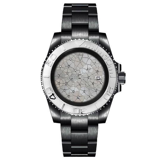 Mechanical Watch PVD Black 40mm Precision Steel Case Blue Treasure Glass Silver Inlaid Flower dial with NH35 movement