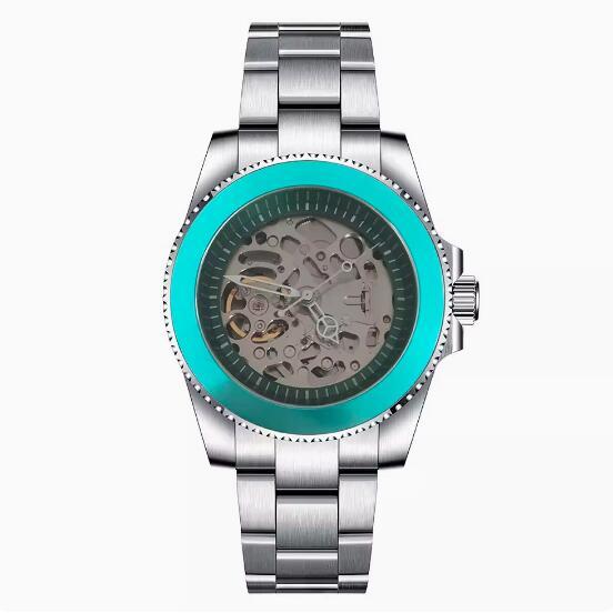 Mechanical watch 40mm precision steel case with full sand strap, blue sapphire glass hollow dial, green inner shadow with NH70 movement